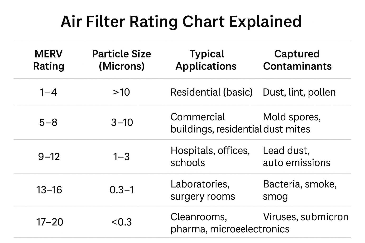 Air Filter Rating Chart Explained 空气过滤器等级表解释