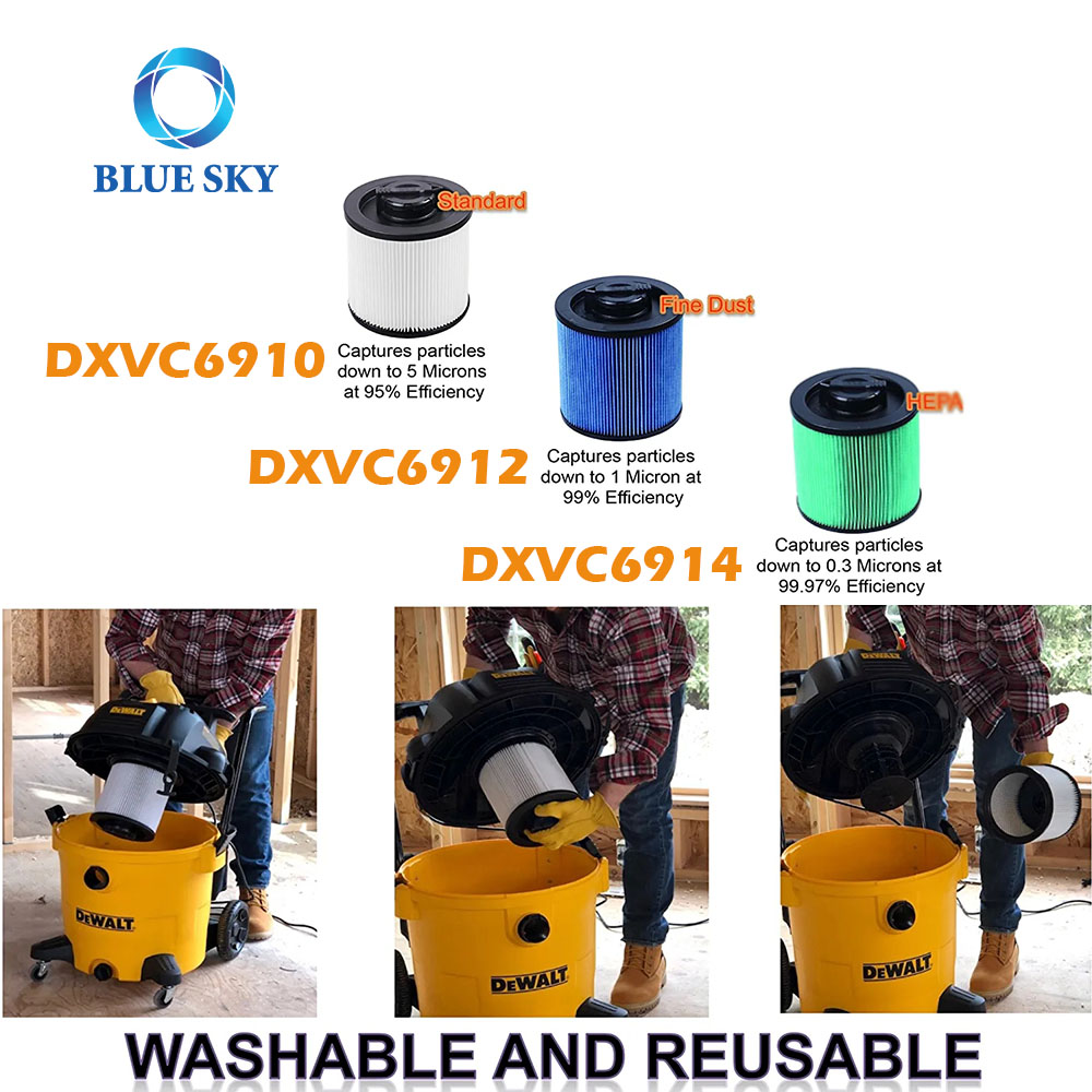 DXVC6910 筒式过滤器替换件，适用于得伟 6-16 加仑湿/干细尘过滤器 DXV06P DXV09P DXV10P